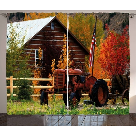Country Cottage Living Room Ideas Fall Curtains 2 Panels Set, Rustic Cabin with Rusty Tractor Country Cottage House Seasonal Colors US Flag Loyalty, Window Drapes for Living Room Bedroom, 108W X 63L Inches, Multicolor, by Ambesonne ()