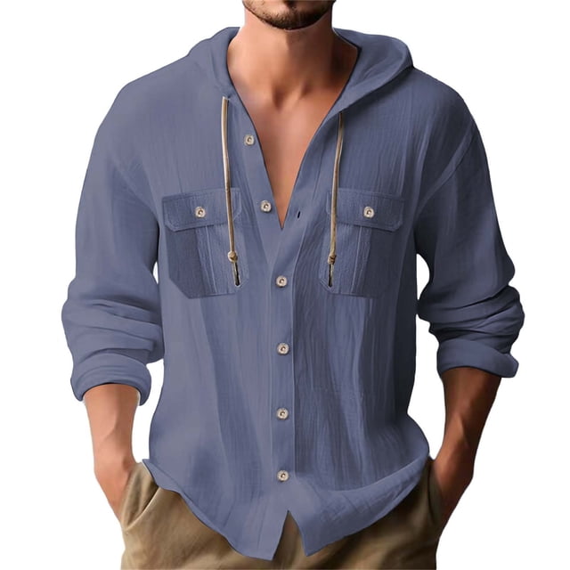 Plebaso Mens Button down Hooded Shirts Long/Short Sleeve Drawstring Hoodies Casual Plain Tops with Pockets
