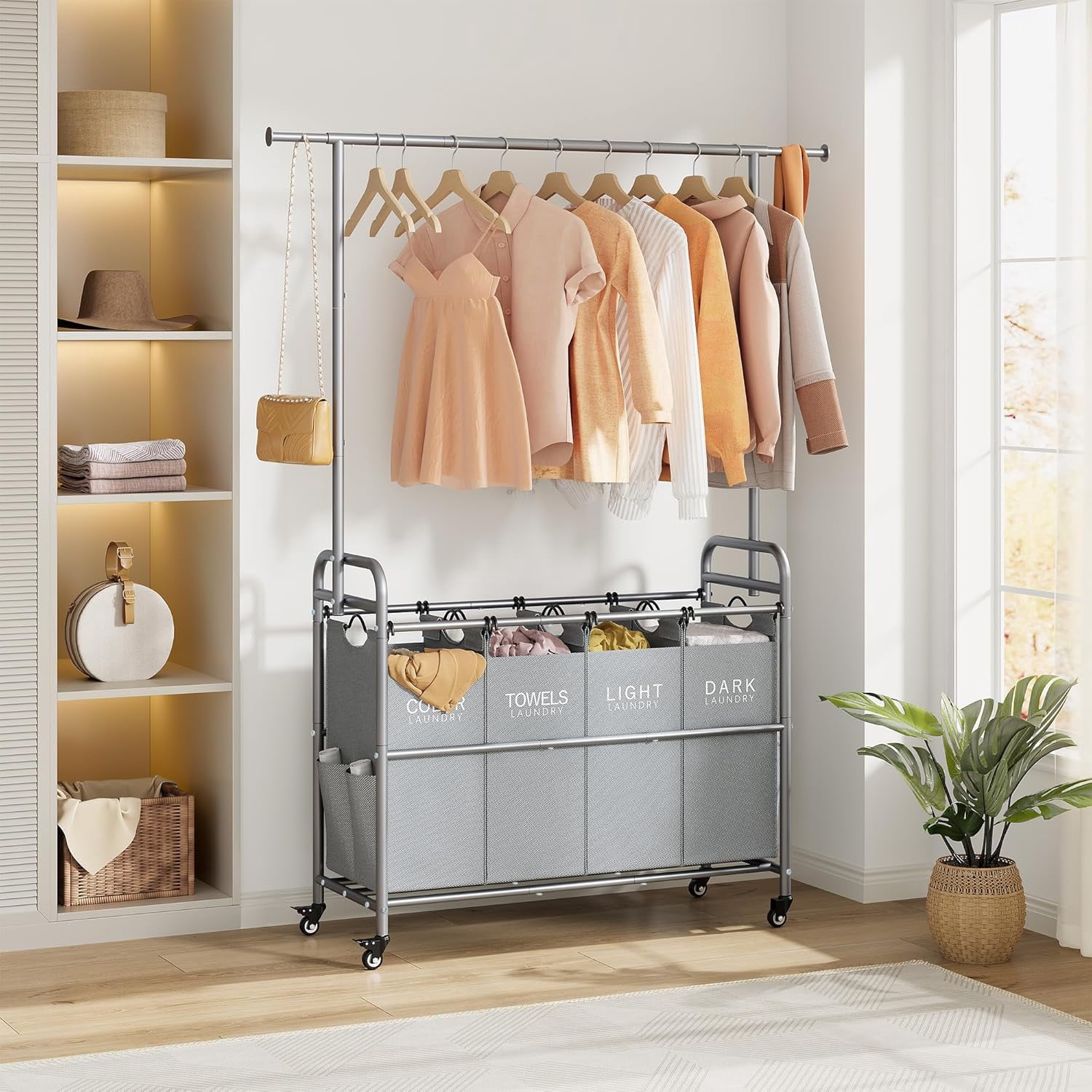 Laundry Sorter Cart with Hanging Clothes Rack, 4 Butler Sorter Basket Organizer, Laundry Hamper Cart with Heavy Duty Rolling Lockable Wheels