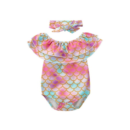 

Seyurigaoka Fish-Scale Pattern Short Sleeve Round Neck Ruffle Romper + Headband