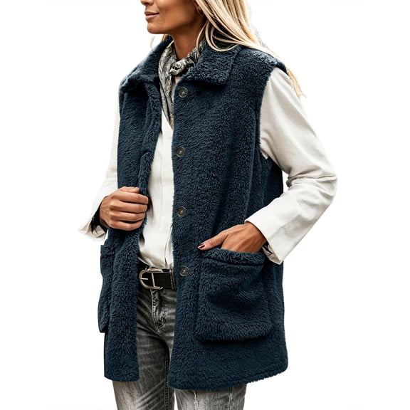 NominalSnug Womens Fuzzy Fleece Vest Lapel Button Down Sleeveless Mid Length Gilet With Patch Pockets Winter Outerwear