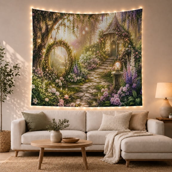 Stone Archway in Magical Garden with Glowing Lanterns Whimsical Fantasy for Nature Lovers Romantic Fantasy Wall Decor Birthday Gift Tapestry Wall Hanging for Bedroom and Living Room
