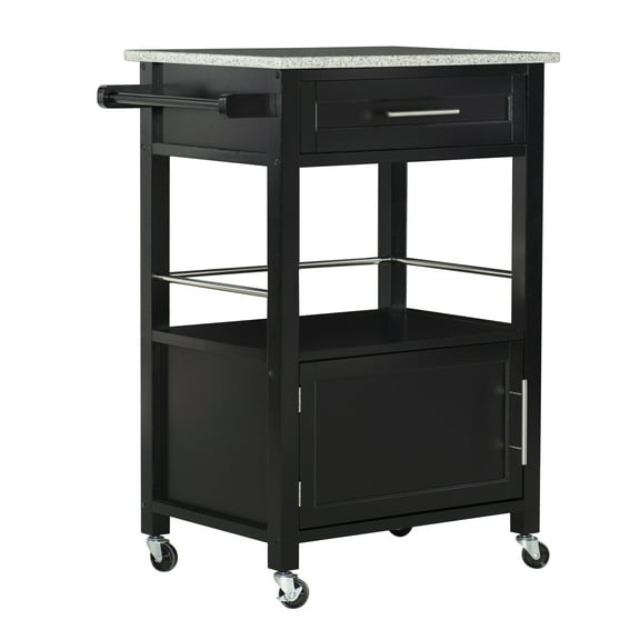 Linon Monett 2-Tier Mobile Serving Cart with Gray Granite Top, 27.75" Length, Black