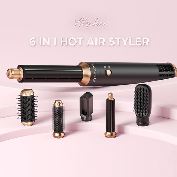 6 in 1 Hair Dryer Brush Hot Air Styler Detachable for Travel, Blow Dryer 3 Heat Settings to Straighten, Auto Curl, Volumize Home Salon Results Frizz-Free Shine All Hair Types (Pink-Black)