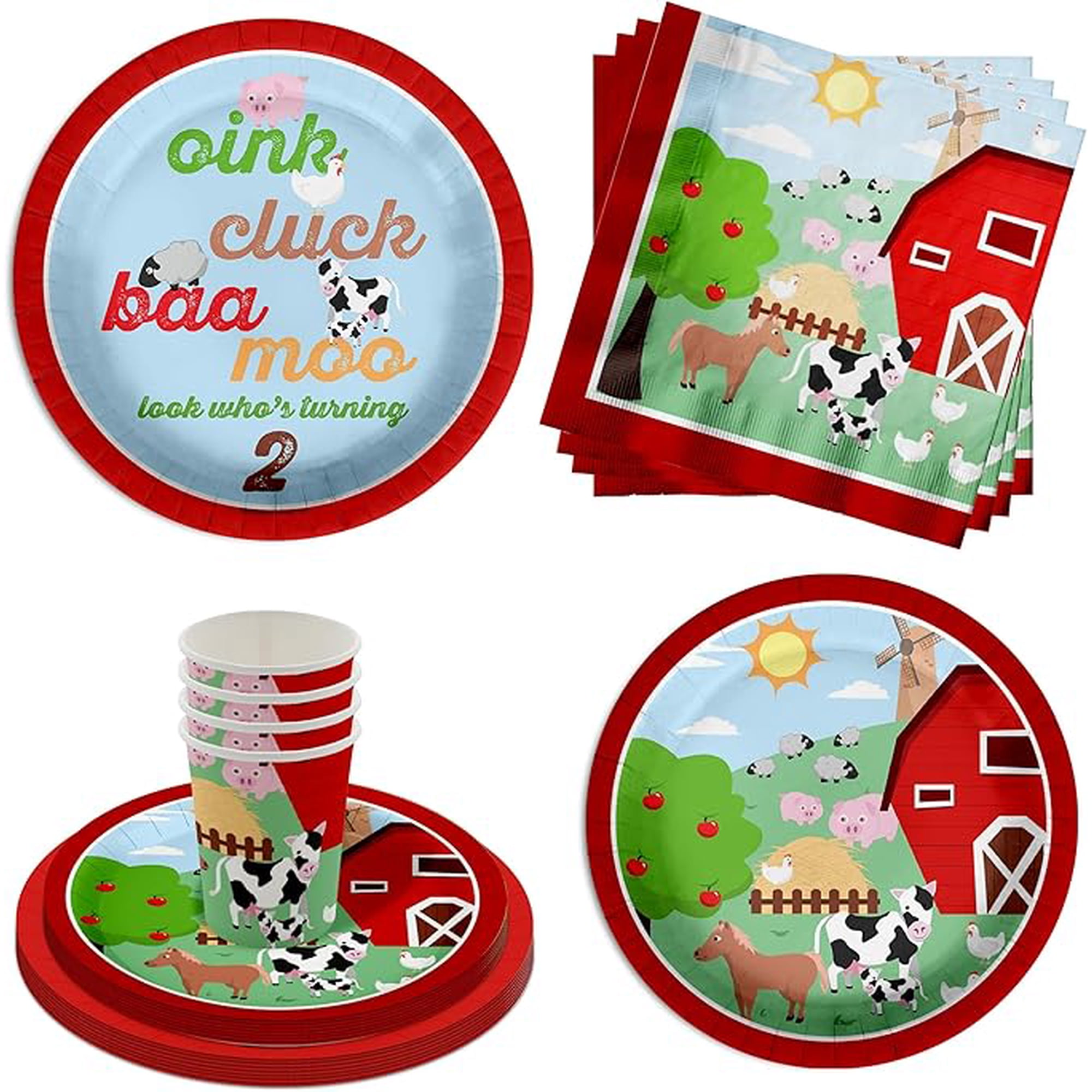 Farm Animals 2nd Birthday Party Supplies - 64 Piece Barnyard Animals Second Birthday Tableware Set Includes Large 9" Dinner Plates and 8" Dessert Paper Plates Napkins Cups - Kit for 16