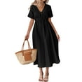 thumbnail image 2 of Summer Dress for Women Casual Short Sleeve Bow-Tie V Neck Ruffle Midi Flowy Dresses Black S, 2 of 7