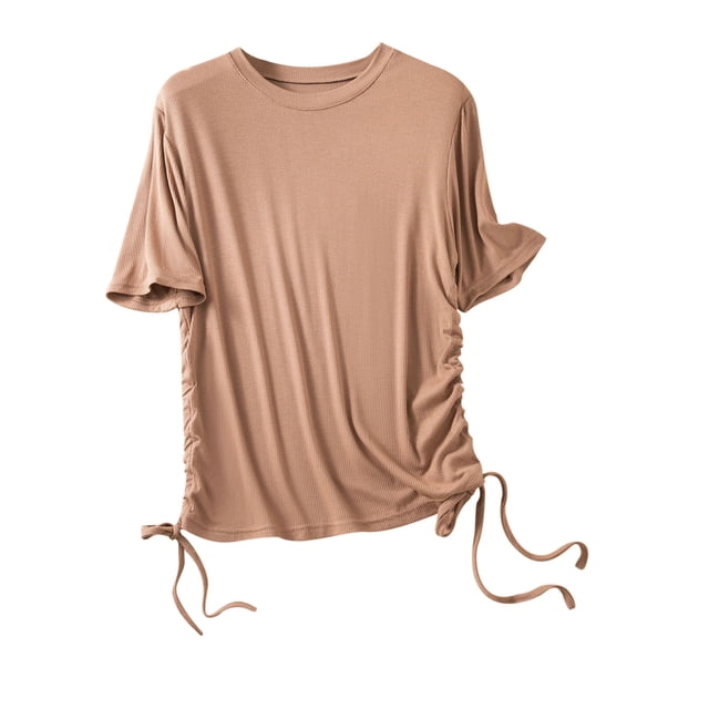 Birdeem Womens Solid Round Neck Threaded Cotton Slim Fitting Drawstring Top Short Sleeved Round Neck Top/Shirt