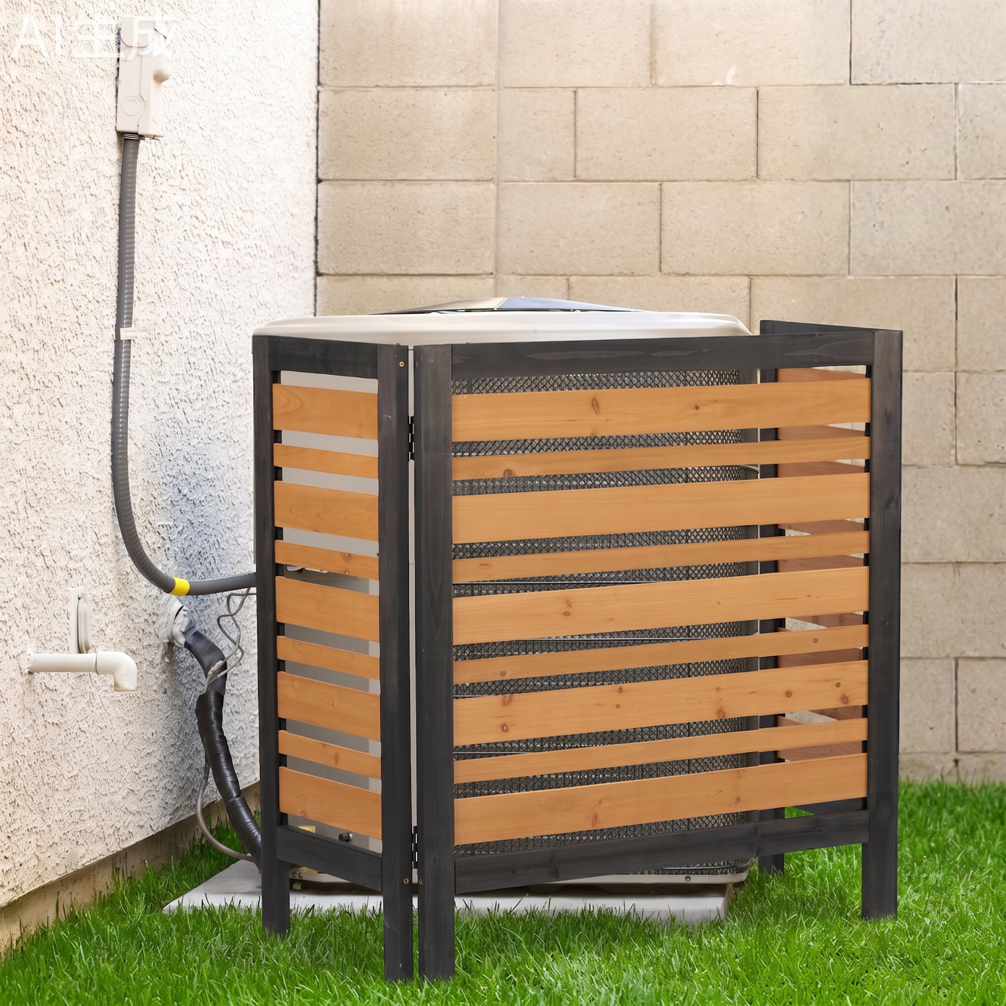 Outdoor Wood Privacy Fence 3-Panel 38W x 42H, Solid Wood Air Conditioner Screen with Slat Spacing for AC Unit Trash Can Pool Pump Enclosure, Black and Gold