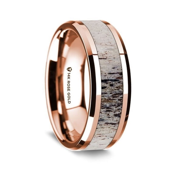 14K Rose Gold Polished Beveled Edges Wedding Ring with Ombre Deer Antler Inlay - 8 mm - Size 10.5