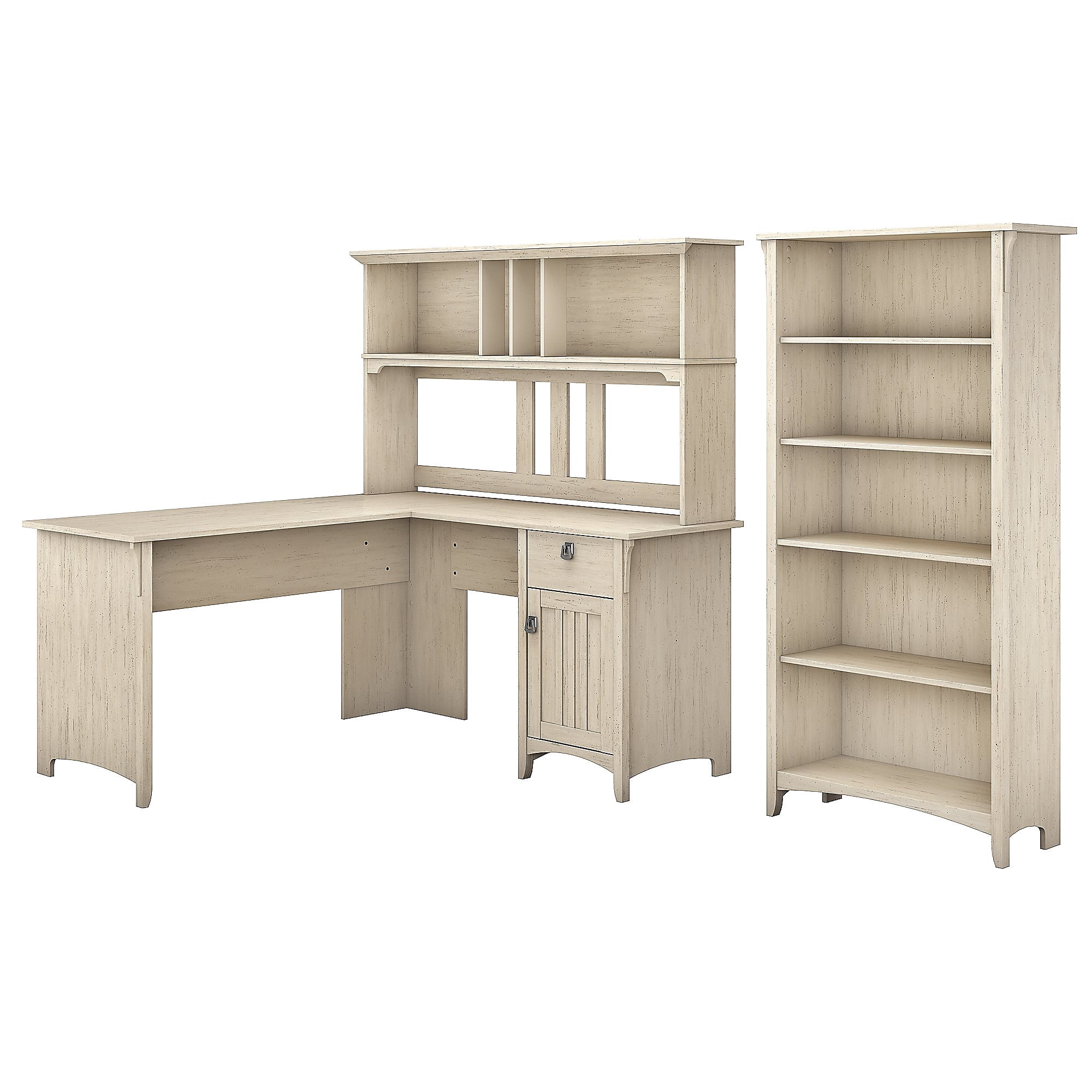 Bush Furniture Salinas 60W L Shaped Desk w/Hutch and 5 Shelf Bookcase Antique White SAL006AW