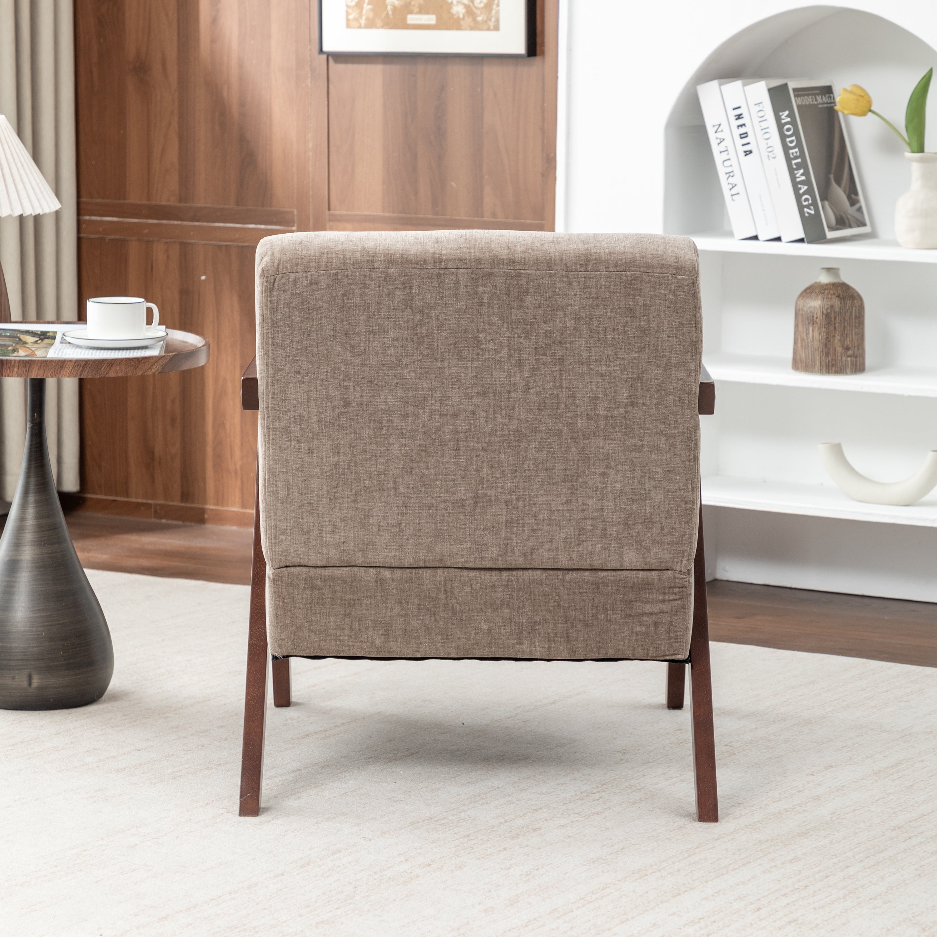 Leumius Mid Century Modern Accent Chair,Upholstered Reading Armchair with Solid Wood Frame,Accent Chair for Living Room Bedroom Apartment, Easy Assembly,Light Coffee