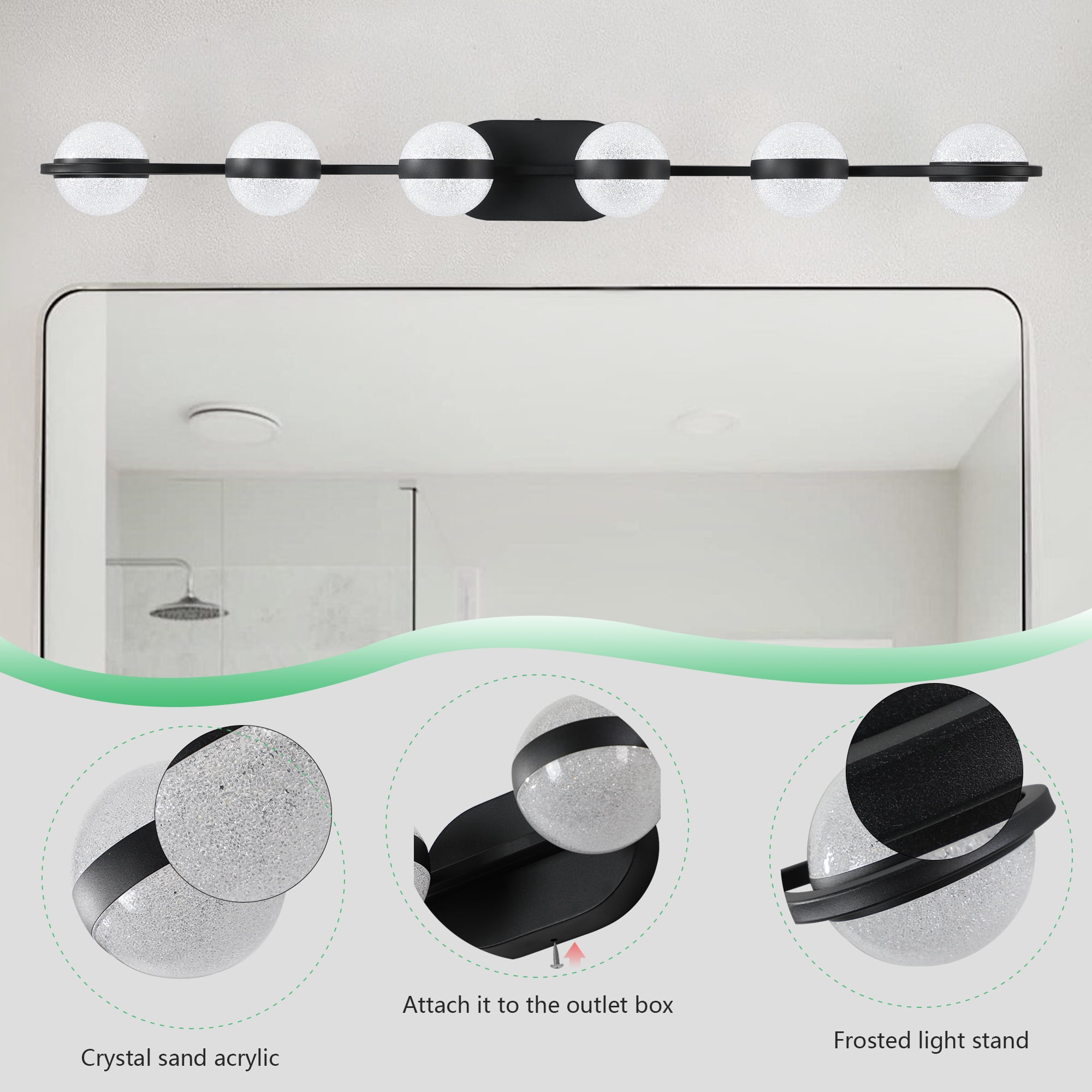 YANSUN 43.3 in Black Minimalist LED 6-Light Bathroom Vanity Light with Crystal Sand Acrylic Shades for Bathroom Mirror, Hallway, Bedroom