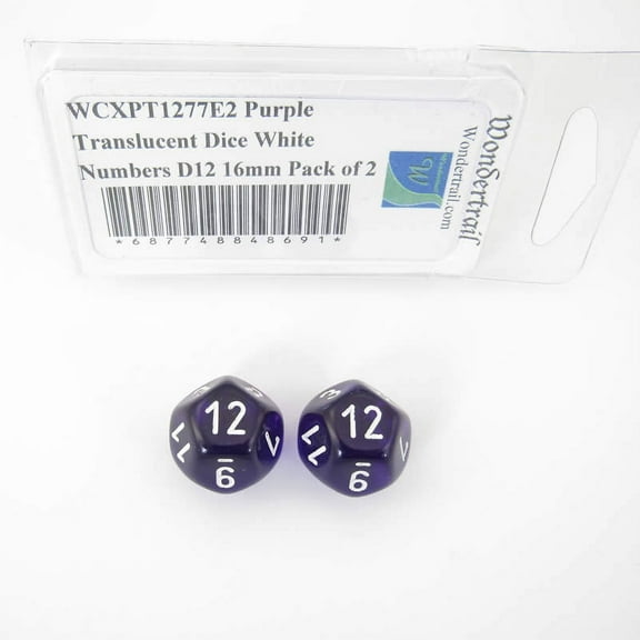 Purple Translucent Dice with White Numbers D12 Aprox 16mm (5/8in) Pack of 2 Wondertrail
