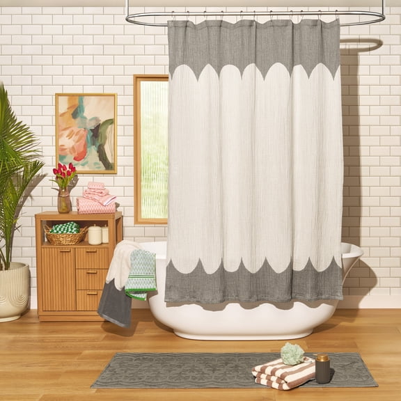 Beautiful Charcoal Grey Scallop Gauze Shower Curtain by Drew Barrymore, Cotton, 72" x 72"