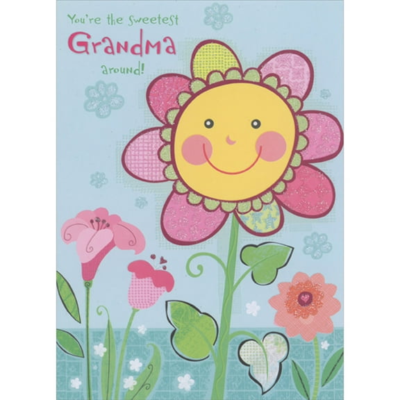 Designer Greetings Smiley Face Yellow Flower with Pink Petals on Blue Background Juvenile Mother's Day Card for Grandma from Kid : Child