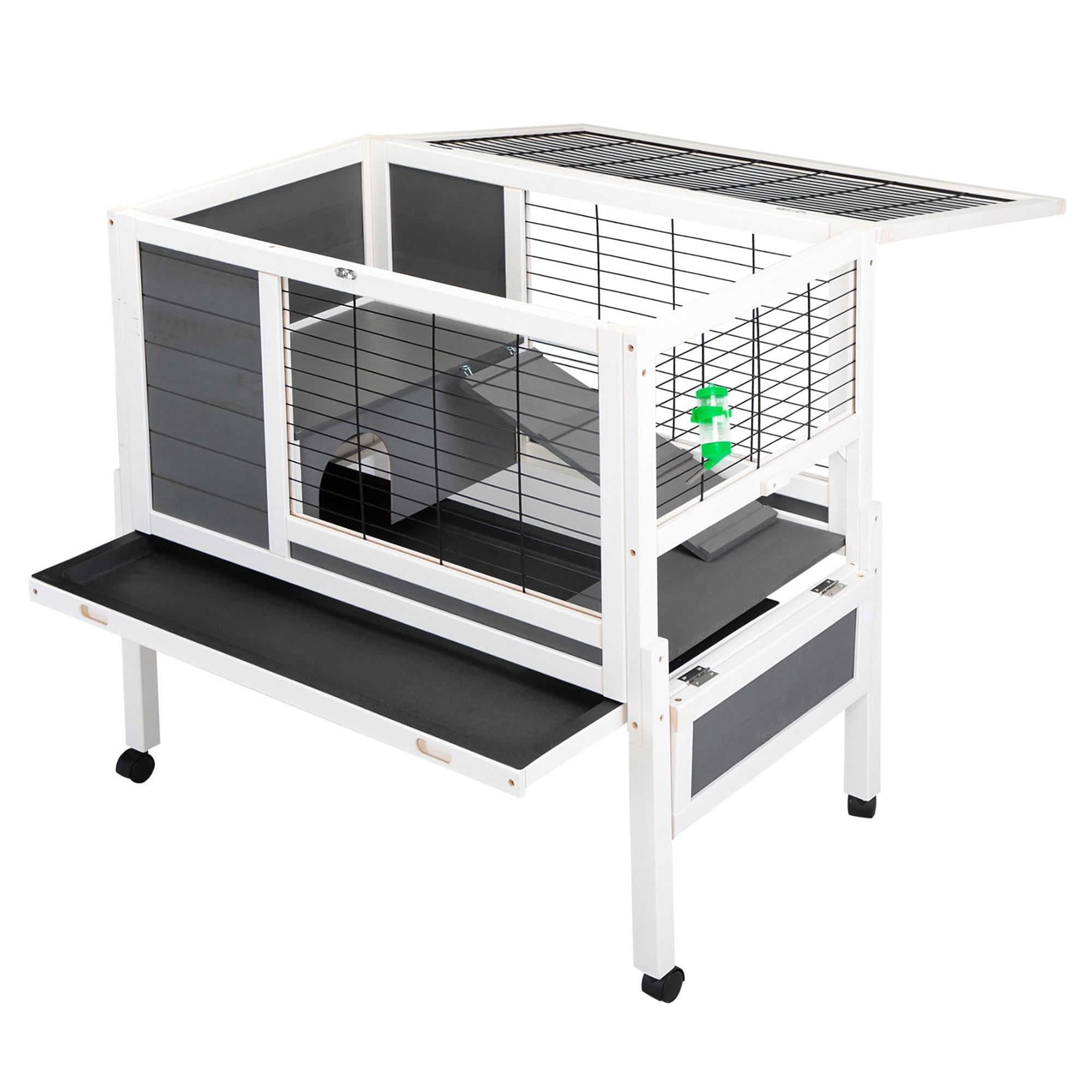 Pefilos 36" Wooden Guinea Pig House Rabbit Hutch for Indoor Bunny Cage with Wire Floor, Wheels, Leak-Proof Tray, Gray Pefilos 36" Wooden Guinea Pig House Rabbit Hutch for Indoor Bunny Cage with Wire Floor, Wheels, Leak-Proof Tray, Gray