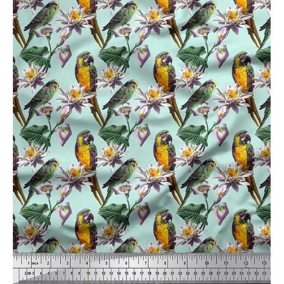 Soimoi Crepe Silk Fabric Macaw Parrot,Leaves & Waterlily Floral Printed Craft Fabric by the Yard 42 Inch Wide