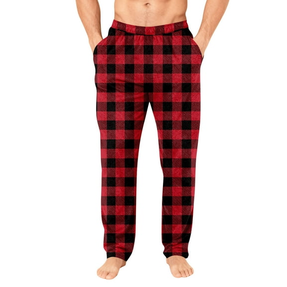 Dwelliawo Mens Pj Pants Wide Leg Casual Comfy Buffalo Plaid Cotton Red Plaid Pants Christmas Unisex Pajama Pants Cute Sleep Pajama Bottom Red M