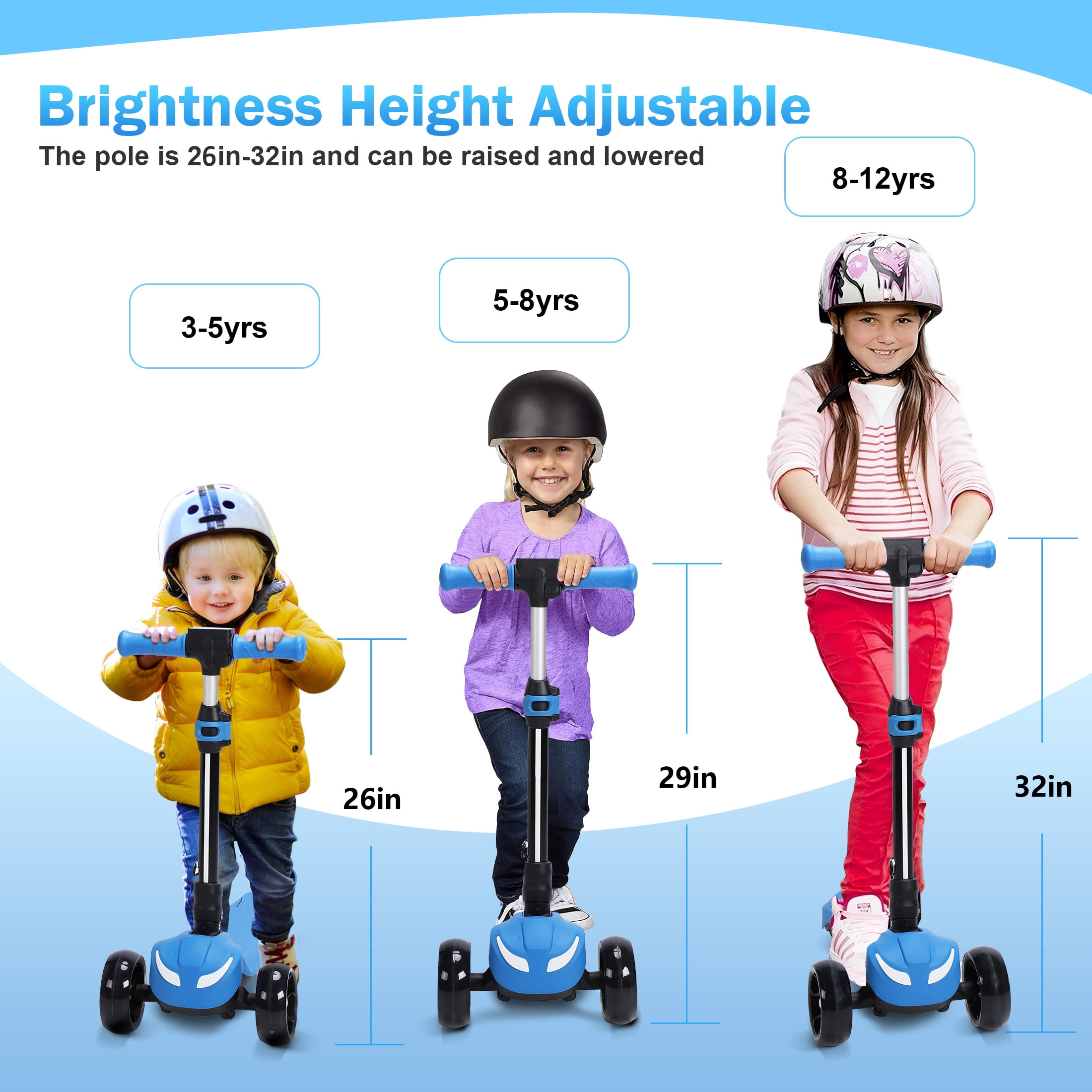 Skyhot Electric Scooter for Kids w/LCD Screen, 21V Battery & Powerful Motor, Premium Front Light and Wheel Lights/3 Adjustable Heights Scooter for Kid 4-8 Years, Thumb Throttle, Blue