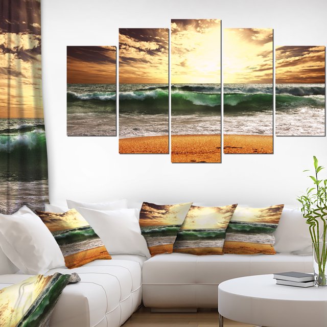 Raging Green Waves At Sunset - Large Seashore Canvas Print