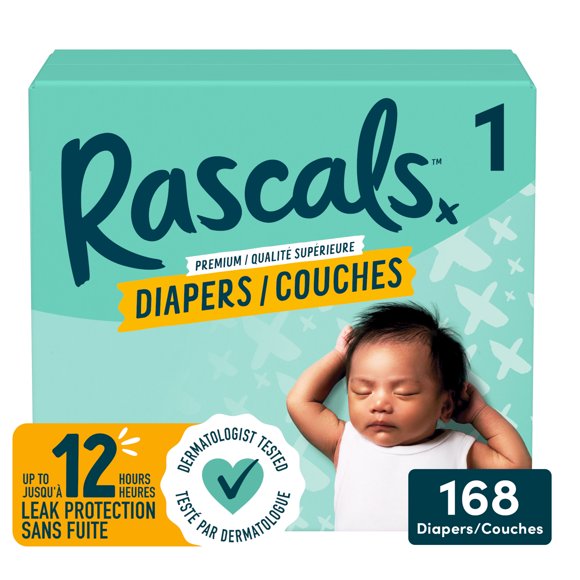 Rascals Premium Absorbent Baby Diapers, Size 1, Carton, 168 Count