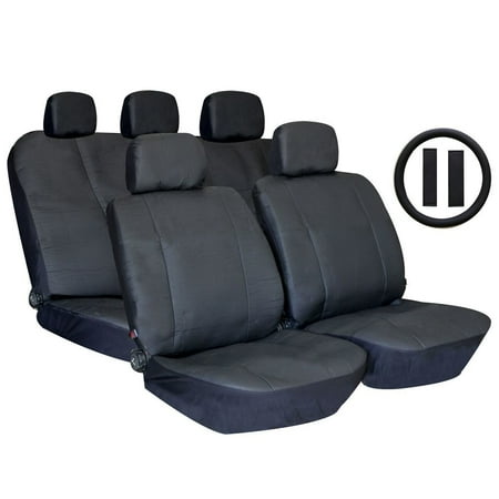 - Unique Imports Black Premium Synthetic PU Faux Leather Seat Cover Set with Carpet Floor Mats
