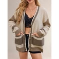 thumbnail image 3 of Women'S Fall Color Block Oversized Cardigan Sweater V-Neck Button Down Knit Cardigan Jacket Khaki L, 3 of 8