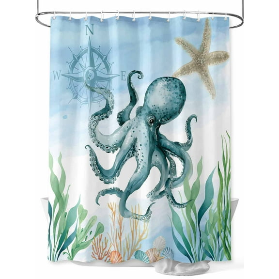 Shower Curtain Ocean Octopus Shower Curtains for Bathroom, Waterproof Polyester Shower Curtain Set with Hooks, Stall Long Size 54"x78" Shell Seagrass