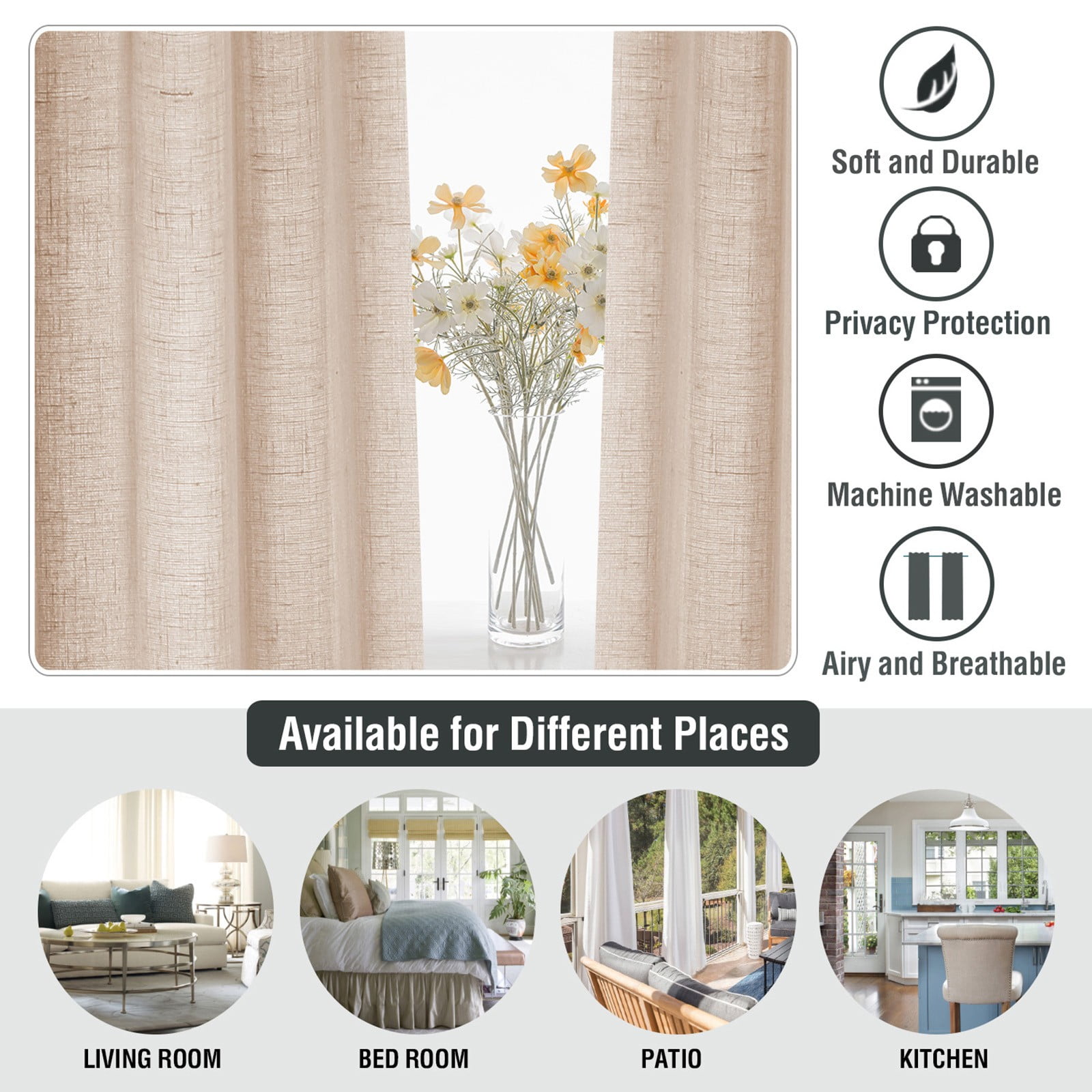 Linen Tulle Curtain 132X160Cm Khaki,2 Curtains,Linen Sheer Curtains 63 Inch Length Semi Sheer Curtains Silver Linen Curtain Panels for Living Room/Bedroom Light Filtering Curtains 2 Panels