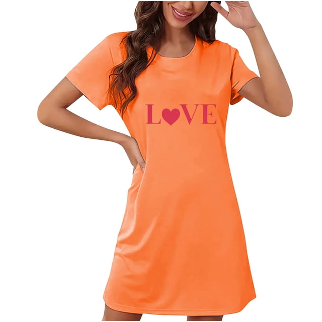 Amzcrzy Pyjamas pour Femmes Cadeaux de la Saint-Valentin pour Femmes Robe de Nuit Décontractée à Manches Courtes et Col Rond Mode avec Cœur Graphique