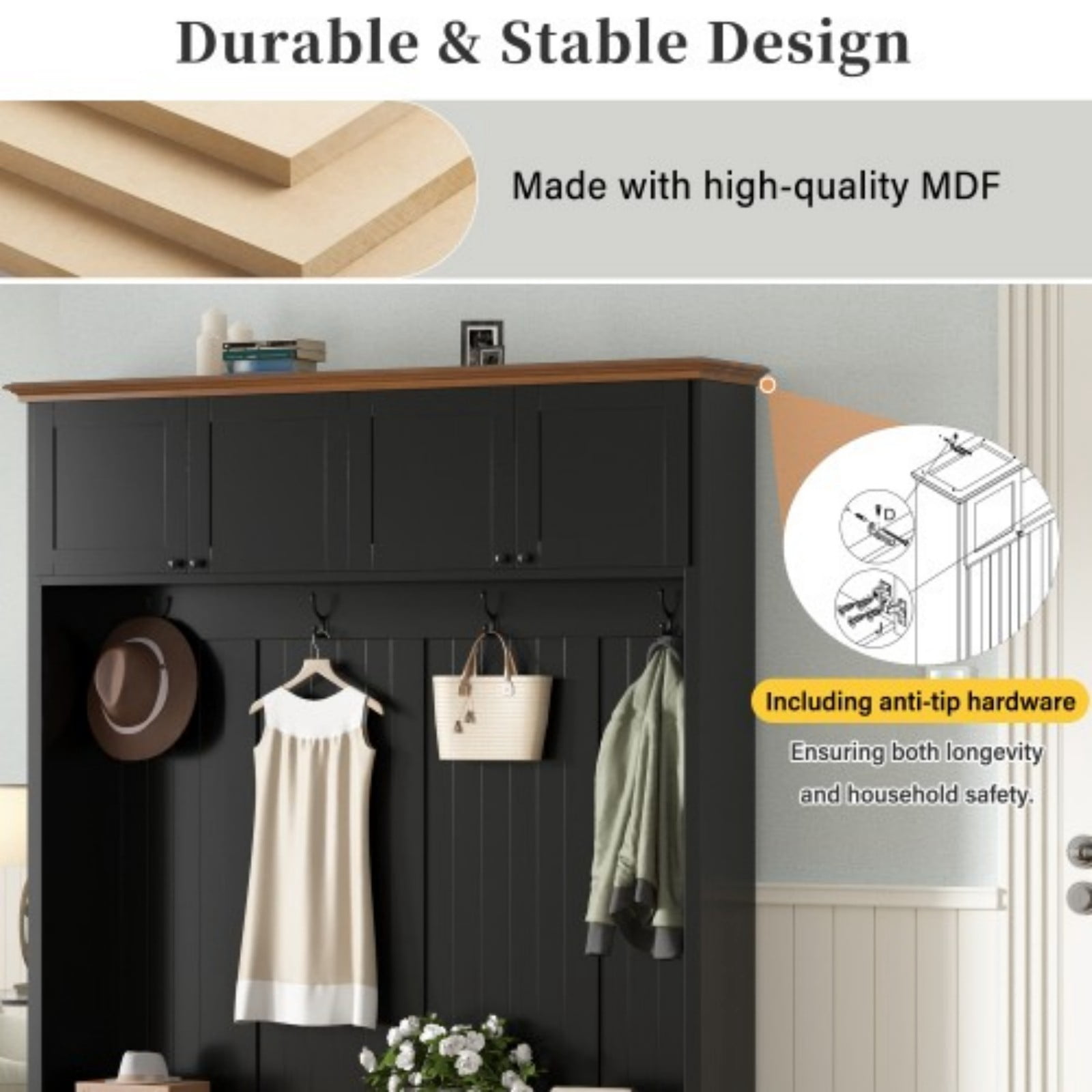59" Farmhouse Entryway Hall Tree with Bench, 4-in-1 Coat Rack Shoe Storage with 4 Cabinets & Open Compartments, Wood-Grain Hall Tree Organizer with Hooks for Hallway Entryway, Black