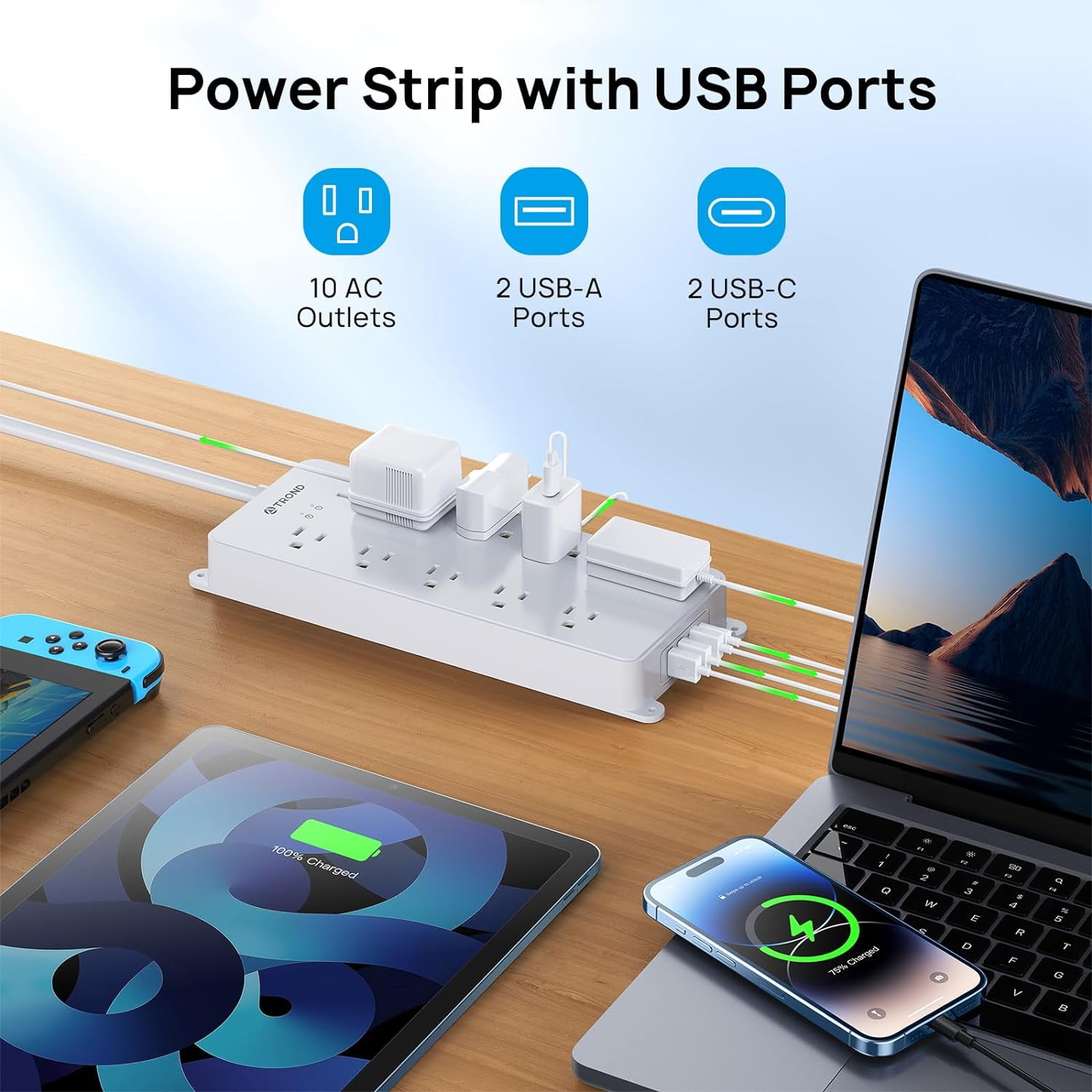 TROND Surge Protector Power Strip, ETL Listed, Flat Plug 15ft Long Extension Cord, 10 Wide Spaced Outlets, 2 USB A & 2 USB C Ports, 4000J, Wall Mount/Screw On, for Home Office Entertainment, White