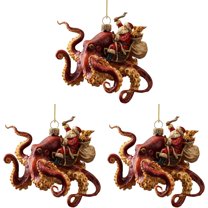 3Pcs Christmas Octopus Ornament – Hand-Painted Coastal Holiday Decoration, Unique Deep Sea Christmas Tree Ornament with Metallic Hanging Cord, 2D Acrylic Nautical Décor Gift for Ocean Lovers