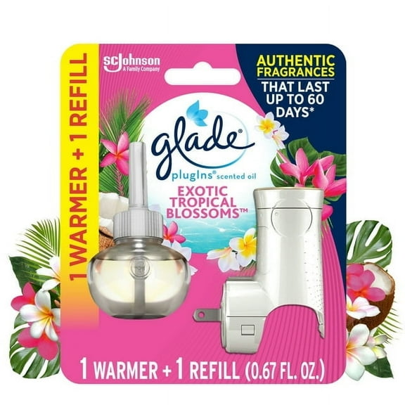 Glade PlugIns 1 Warmer 1 ct Refill Starter Kit, Exotic Tropical Blossoms, 0.67 FL. oz. Total, Scented Oil Air Freshener Infused with Essential Oils