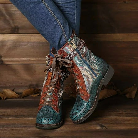 

Zedker Shoes Fall Boots Winter Women Flat Embroidered Ladies Lace Up Retro Zipper Short Bohemian Casual Ankle Boots Chunky Boots For Women