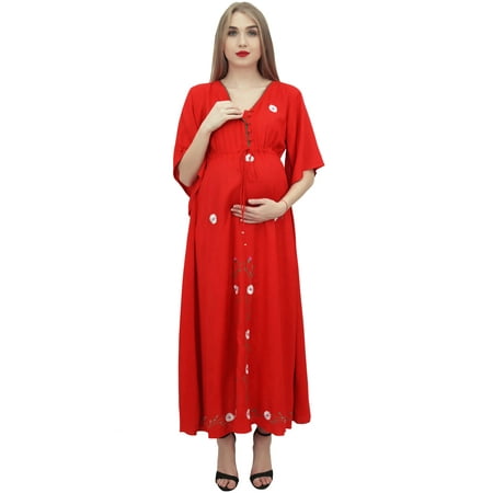 

Bimba Women Red Drawstring Maternity Sleepwear 3/4 Sleeve Moms Maxi Dress - 26