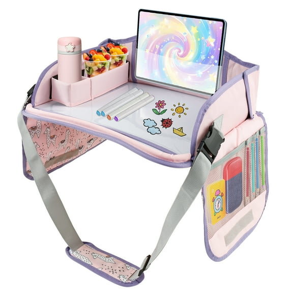 Carseat Table Tray for Kids Polyester Made Portable Drawing Board with Padded Shoulder Strap for Road Trip Activities