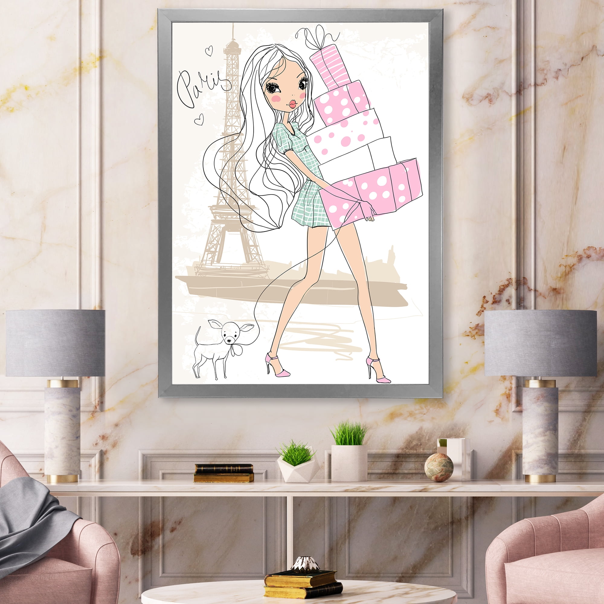 Designart 'Young Woman With Shopping Boxes In Paris' Shabby Chic Framed Art Print