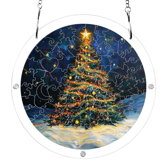 Starry Night Christmas Tree Acrylic Jigsaw Puzzles 83 Pieces Suncatcher for Window Hanging 7.5 Inch Holiday Home Decor