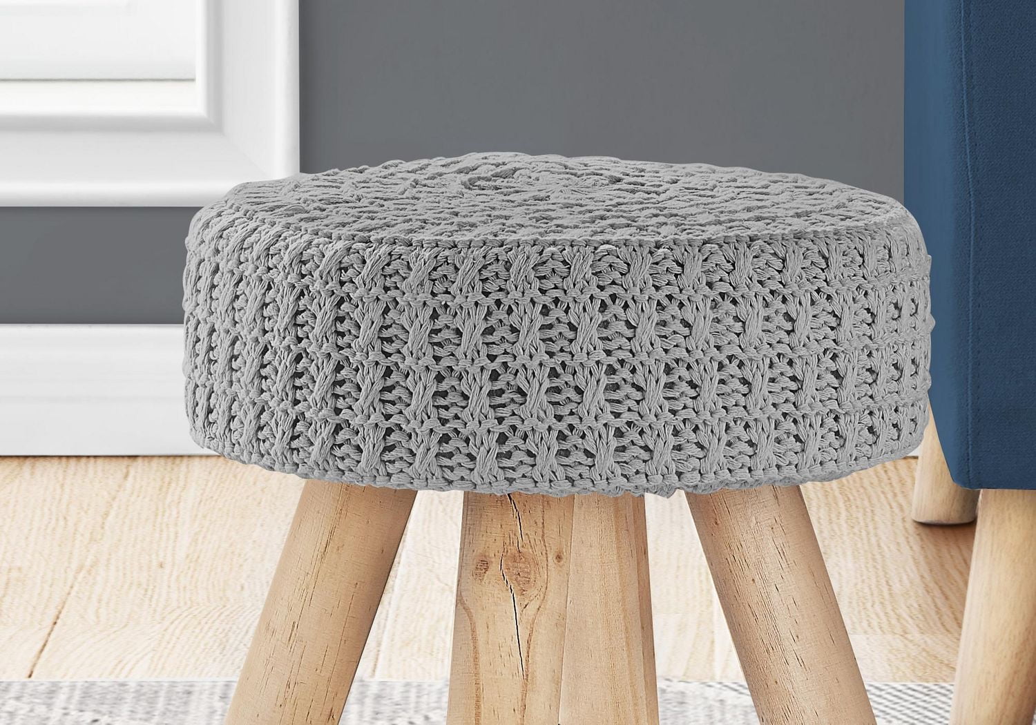 Monarch Specialties Ottoman, Pouf, Footrest, Foot Stool, 12" Round, Velvet, Wood Legs, Grey, Natural, Contemporary, Modern