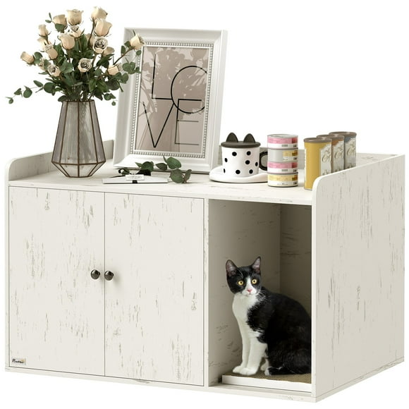 YKITRDA Cat Litter Box Enclosure Furniture with Scratching Mat, Hidden Litter Box Cabinet, Cat House & TV Stand for 32–43 Inch TVs, MDF, Distressed White