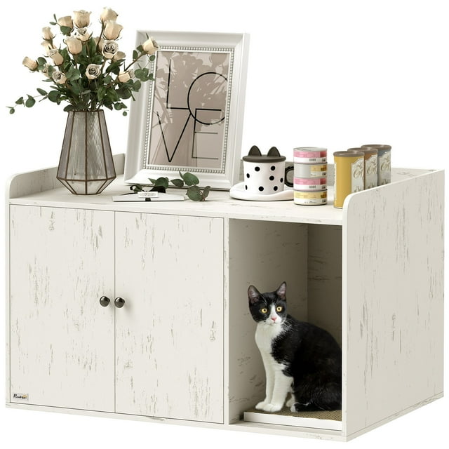 YKITRDA Cat Litter Box Enclosure Furniture with Scratching Mat, Hidden Litter Box Cabinet, Cat House & TV Stand for 32–43 Inch TVs, MDF, Distressed White
