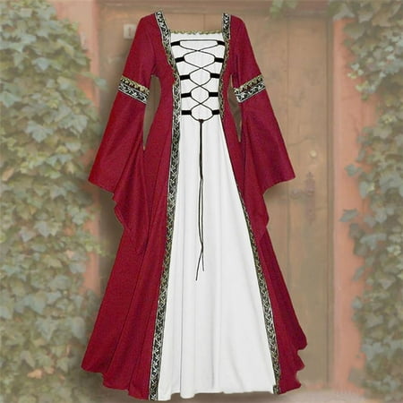 

EGNMCR Womens Dresses Renaissance Medieval Vintage Style Corset Flared Sleeve Patchwork Retro Dress Gothic Dress on Clearance