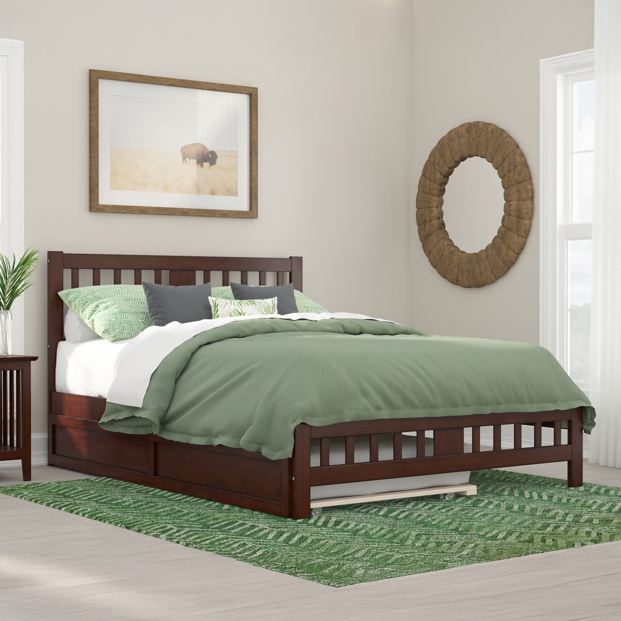 AFI Tahoe Queen Wood Platform Bed with Headboard Footboard & Twin XL Trundle, Walnut