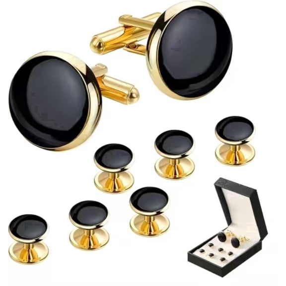 Homiloop Cufflinks and Tuxedo Studs Set, Suit Accessories on Wedding, Anniversary and Birthday, Groomsmen Gift Set, Black with Gold, 8 Pieces