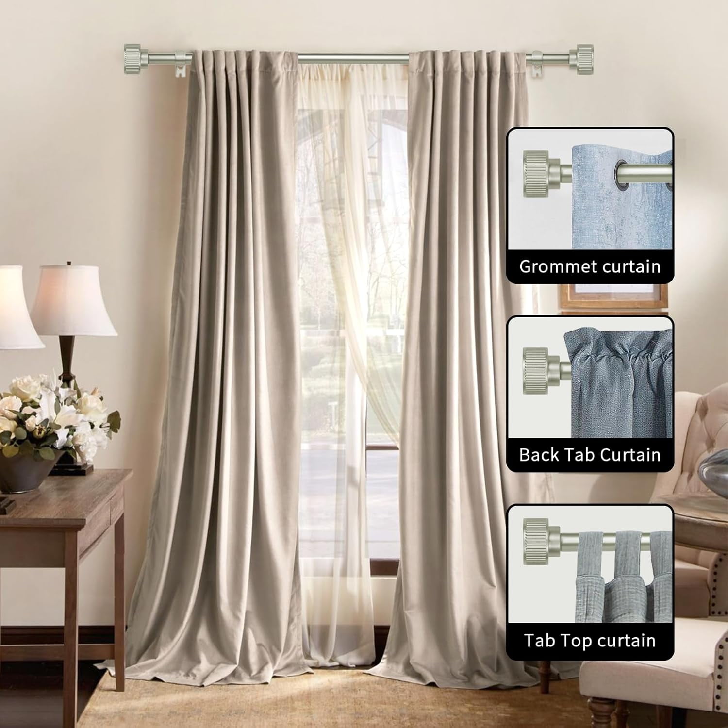eTeckram 5/8" Double Curtain Rod with Bouton Finials,Pewter,48‘’-84‘’