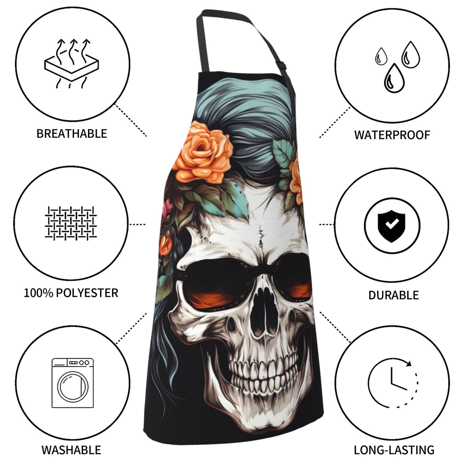 Kdxio Flower Horn Skull Apron with Pockets Adjustable Kitchen Aprons for Men Women Waterproof Aprons for Cooking,Drawing,Crafting, Baking Household Cleaning