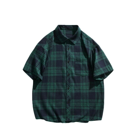 WREESH Men's Button Down Shirts Short Sleeve Plaid Shirt with Button-Open Pockets for a Classic Men's Summer Wardrobe Olive Green