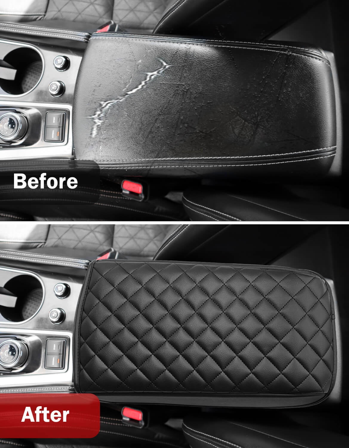 KBH Car Center Console Cover for 2016-2024 Nissan Maxima Accessories, Middle Console Lid Armrest Cover for Vehicle, Black Leather Interior Cushion Pad