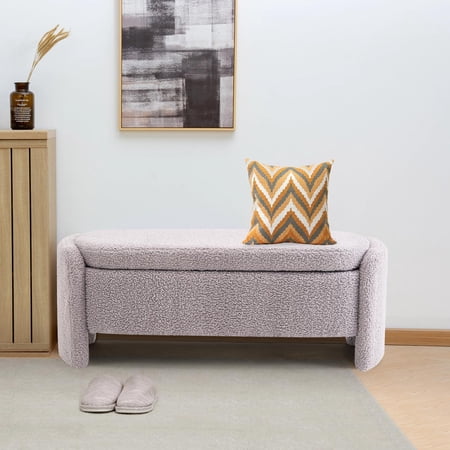 Storage Bench with Lamb Fleece Fabric, Upholstered Ottoman with Spacious Hidden Storage for Bedroom, Living Room, Entryway, No Assembly Required, Grey